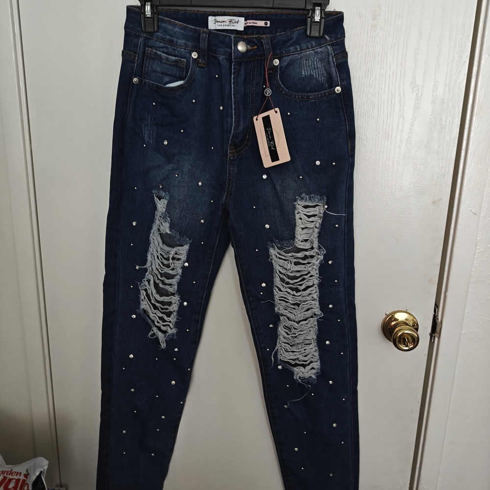 Pearl-Embellished Distressed Blue Jeans